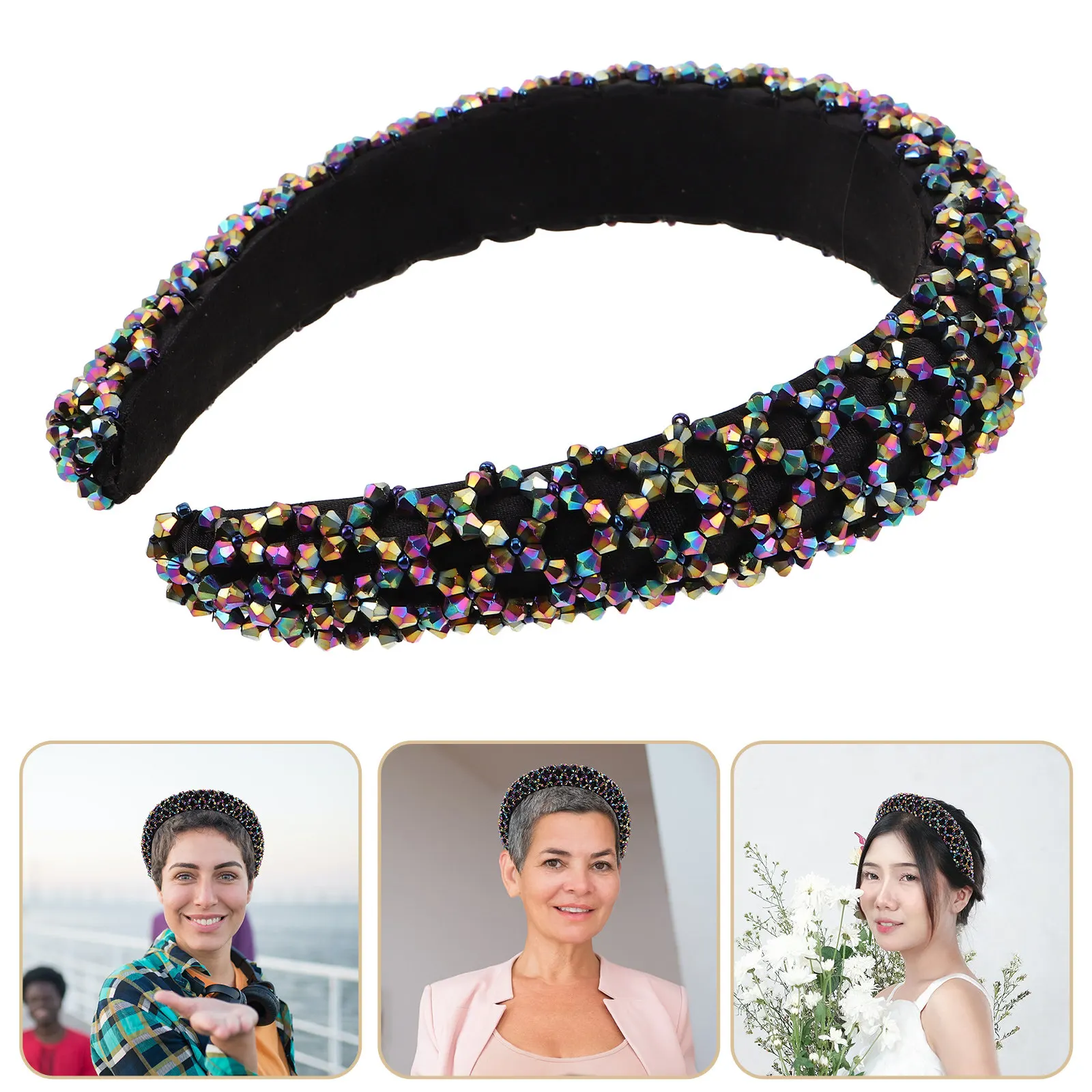 

Bohemian Wide Rhinestone Beaded Headband for Women Handmade Sparkly Elastic Comfortable Padded Hair Ornament Glittery Statement