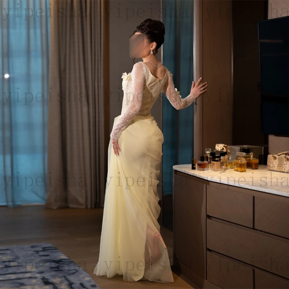 Customized square Collar Formal Evening Dresses 3D Flowers Lace Appliques Pleat Long Prom Gown Modern Draped Tulle Party Dress image 2