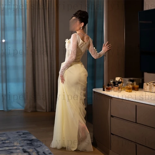 Imagen 2 del producto Vestidos de Noche formales con cuello cuadrado personalizados, flores en 3D, Apliques de encaje, vestido largo plisado para graduación, vestido de fiesta de tul drapeado moderno