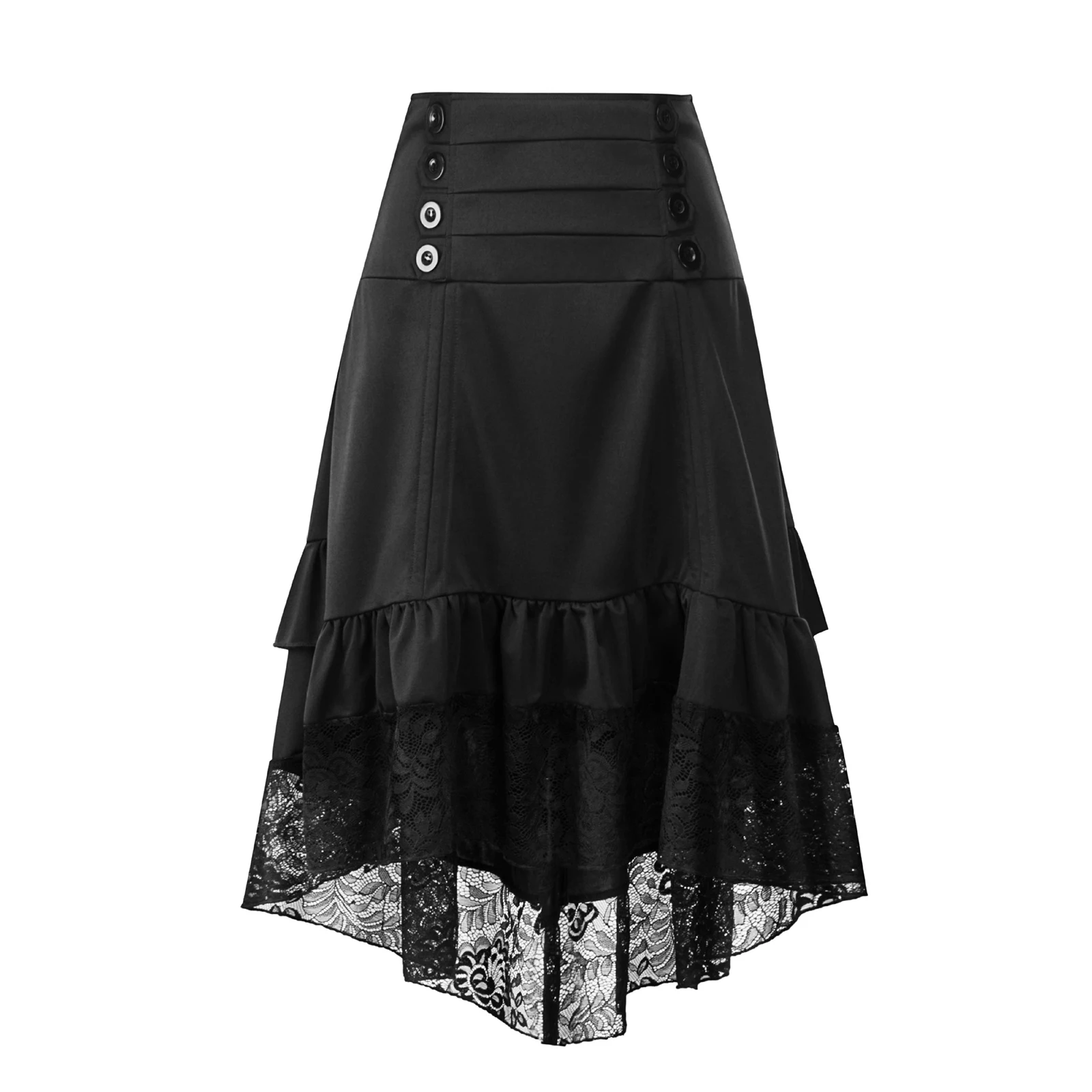 Steampunk Women Lolita Vintage Gothic Midi Skirts Decorative Buttons Drawstring Ruched Ruffled Lace Trim High-low Cosplay Skirt