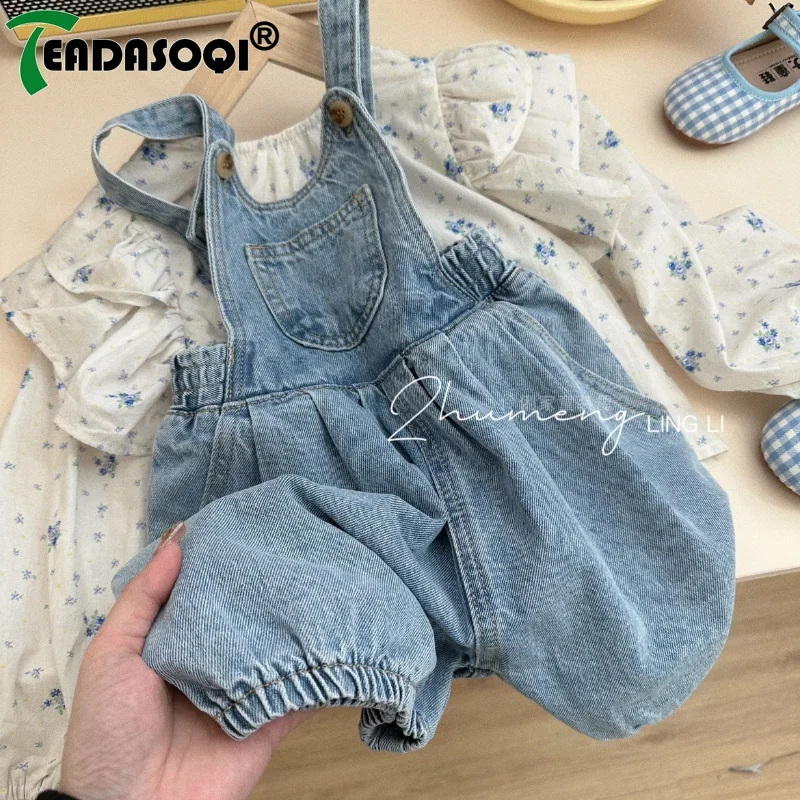 3-8Y Girls Babys Clothing Set Printed Tops Shirts+Jeans Pants Overalls Shorts Casual Kids Girl Birthday Children Denim Clothes