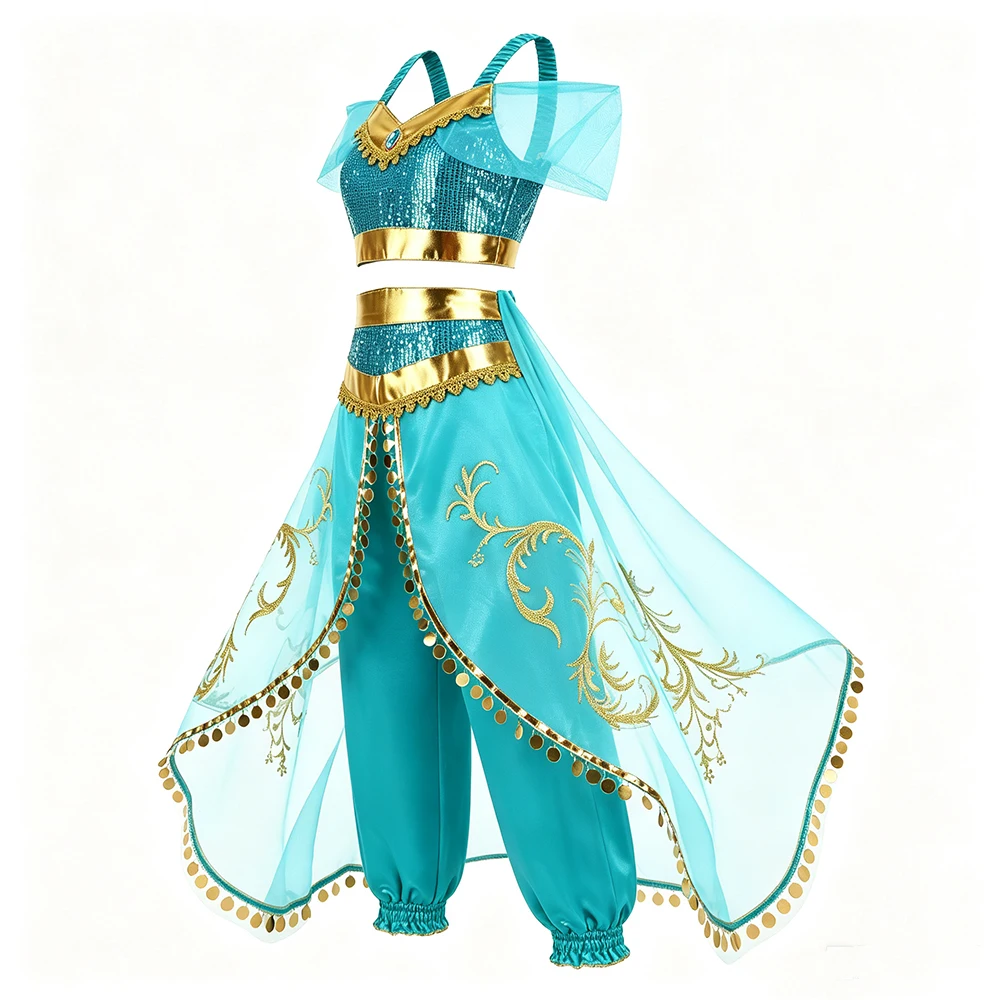 Jasmine Blue Dress Up Set Leichtes Aladdin-Kostüm mit Halskette, Ohrringen und Kopfschmuck für Kinder, Halloween, Karneval, Cosplay – Detail 4