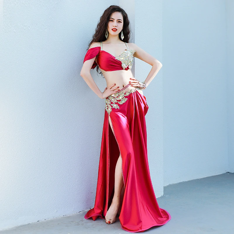 Belly Dance ชุดเพชร-Studded Sling Bra แยกกระโปรงบานใหญ่ประสิทธิภาพชุด Oriental การแข่งขันเต้นรำเสื้อผ้า