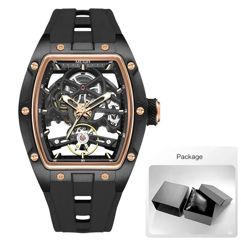 MEGIR Automatic Wristwatch Men Fashion Black Silicone Strap Wateproof Luminous Sport Mechanical Watch with Tonneau Dial 2242
