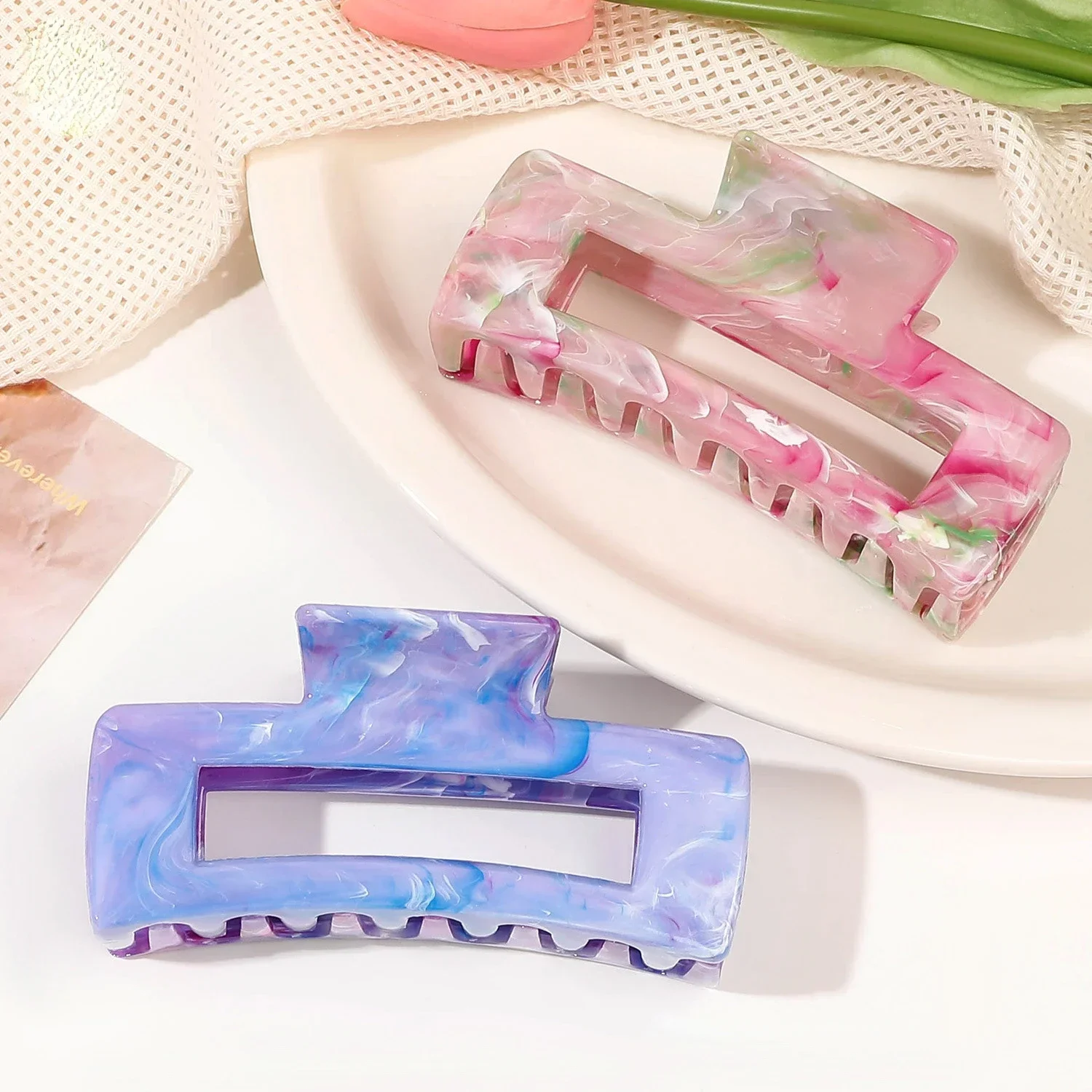 10.5cm Marble Pattern Square Hair Clip, Fashionable Simple Large Women\'s Hair Clip Summer Shark Clip Hair Accessory Gift