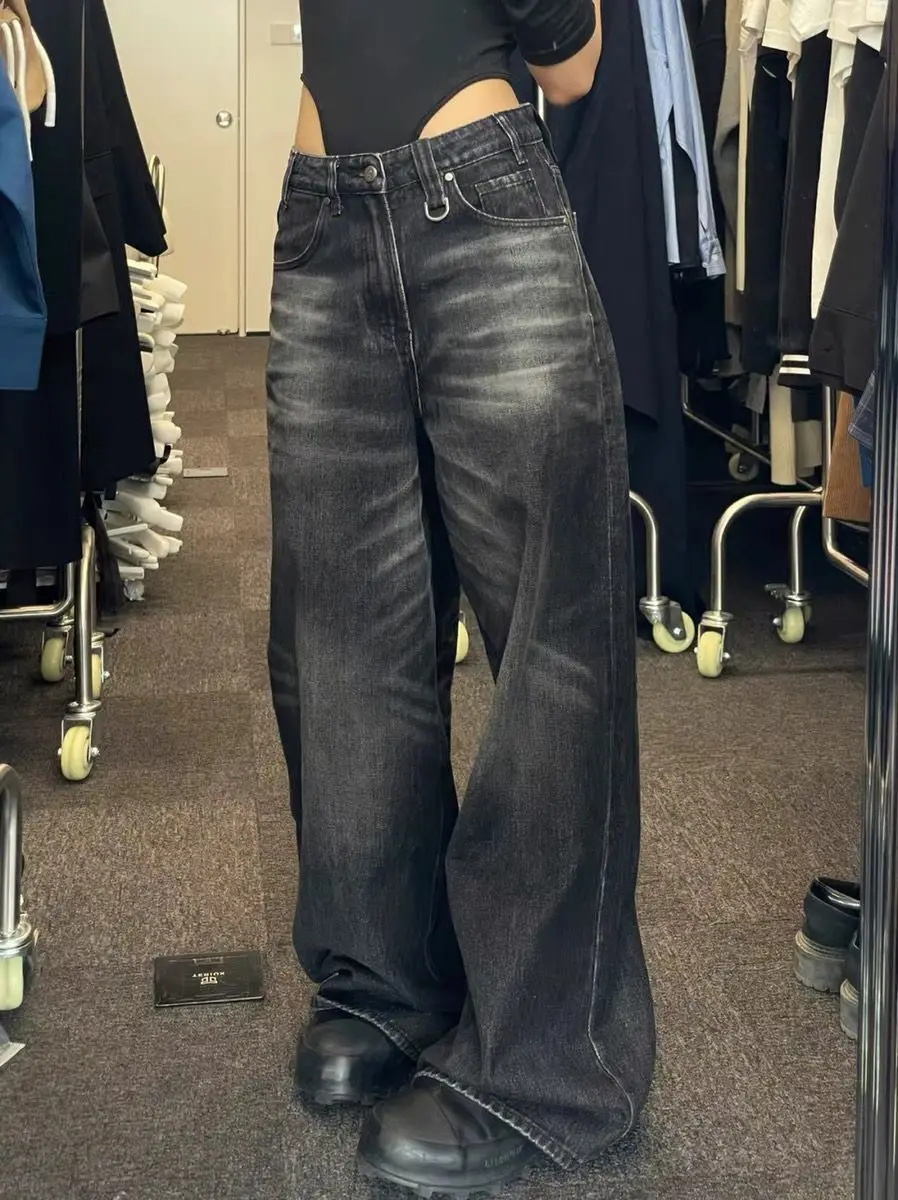 パンツ archive grunge wide denim y2k fade black Ethbox Y2K Jeans Men's Hip-hop Retro Flame Splicing Wide Leg