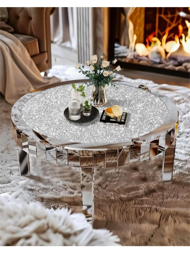 

Mirrored Coffee Table: 31.5 inches Large Decorative Bling Crushed Diamond Tabletop with Silver Mirror Crystal Edge Frame a