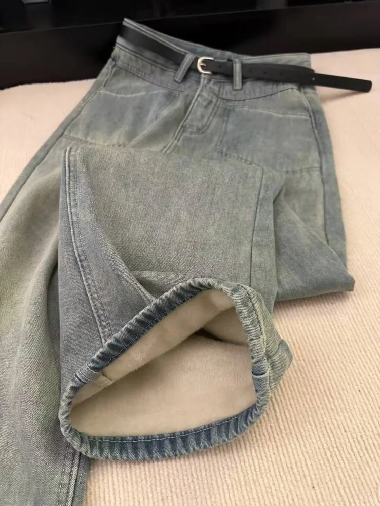 Pantaloni in denim Thi foderati Fce taglie forti Donna Pantaloni invernali larghi a vita alta slim dritti a gamba larga Abbigliamento casual vintage Sle