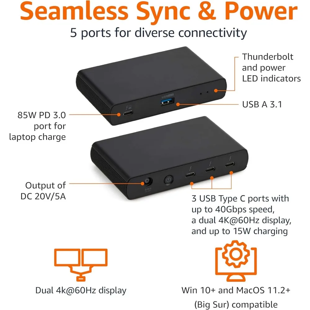 محطة إرساء Thunderbolt 4/USB4، شاشة مزدوجة 4K، شحن 85 وات، تصميم مدمج لأجهزة الكمبيوتر المحمولة #2