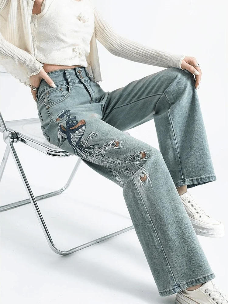 

Новые китайские джинсы с высокой талией и широкими штанинами для женщин, летние, тонкие, с вышивкой в национальном стиле, свободные, струящиеся, модные синие джинсы