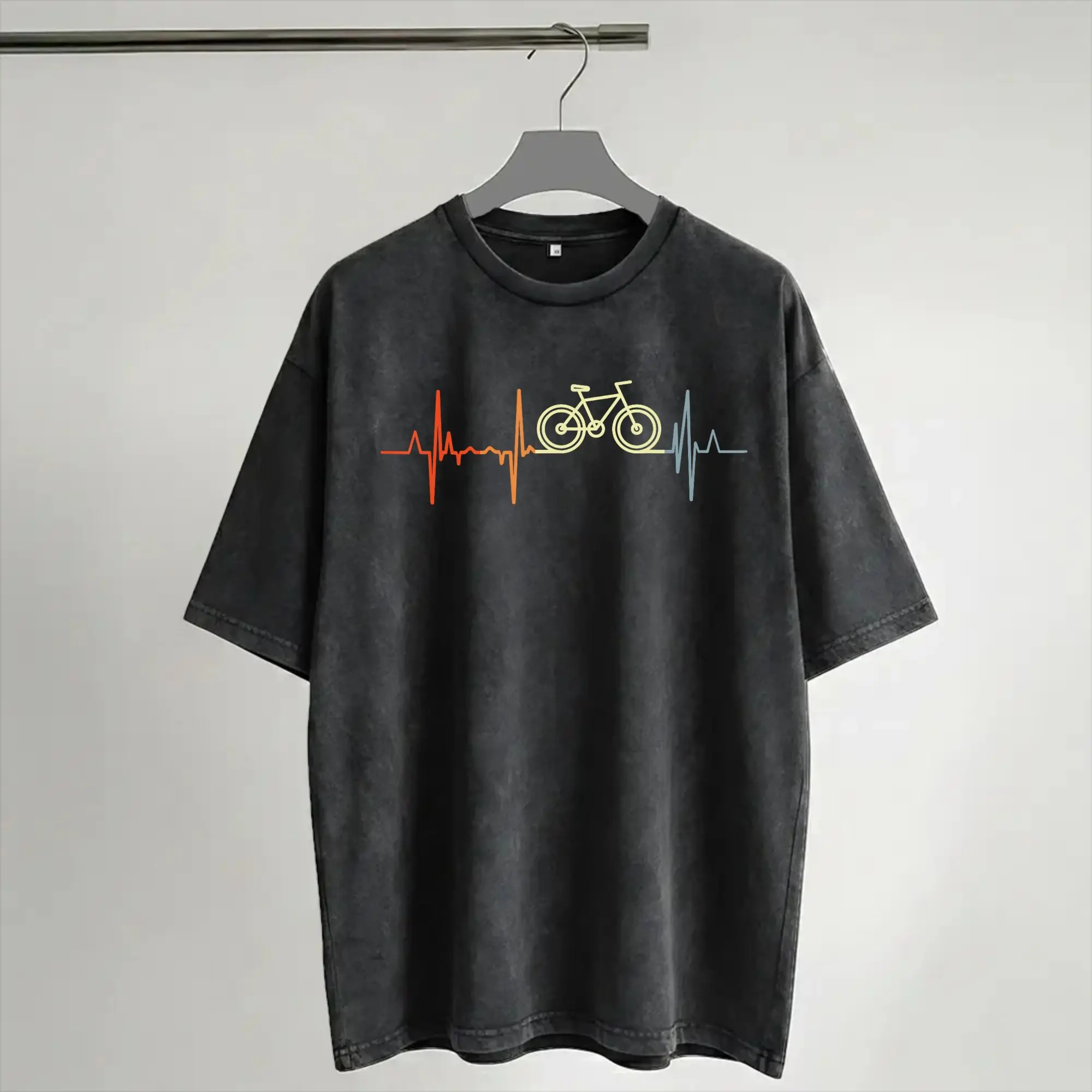Bicycle Heartbeat Racing Cyclist Bike Pulse Line T Shirt Washed Short Sleeve Harajuku T-Shirt  Retro Men Women Streetwear