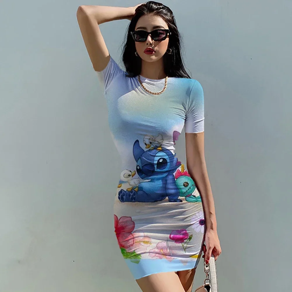 Elegant Dresses for Women 2022 Top Sexy Slim Fit Tight Women's Dress Casual Disney Stitch  Cartoon Fashion Print Mickey S-5XL