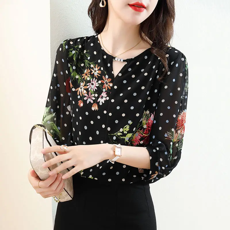 Women Korean Fashion Floral Dot Print Hollow Blouses Elegant Chic Rhinestone Chiffon Shirts Casual 3/4 Sleeve Loose Tops Female