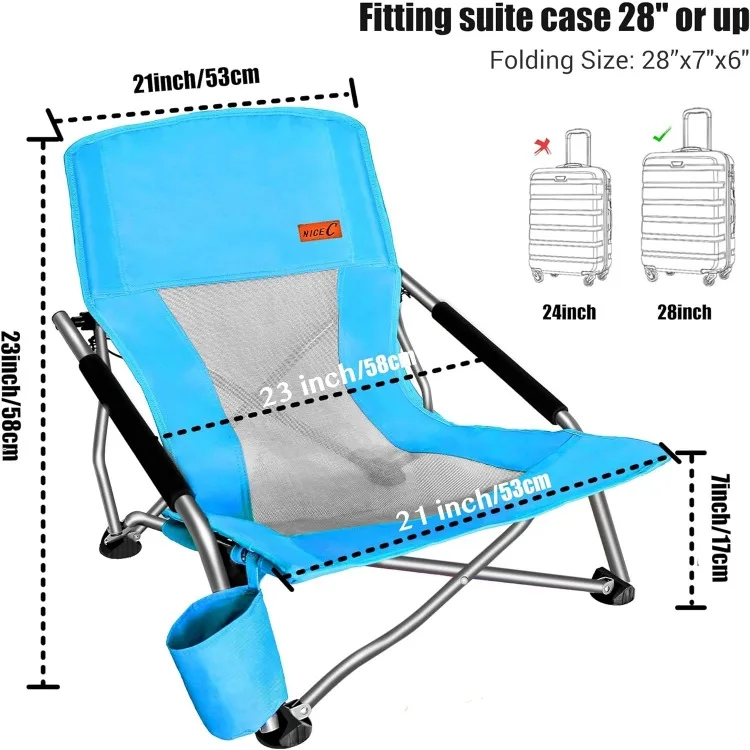 Silla de playa baja para adultos, eslinga, Plegable, portátil, concierto, niños, barco, silla de arena con portavasos y bolsa de transporte (2 paquetes de azul)