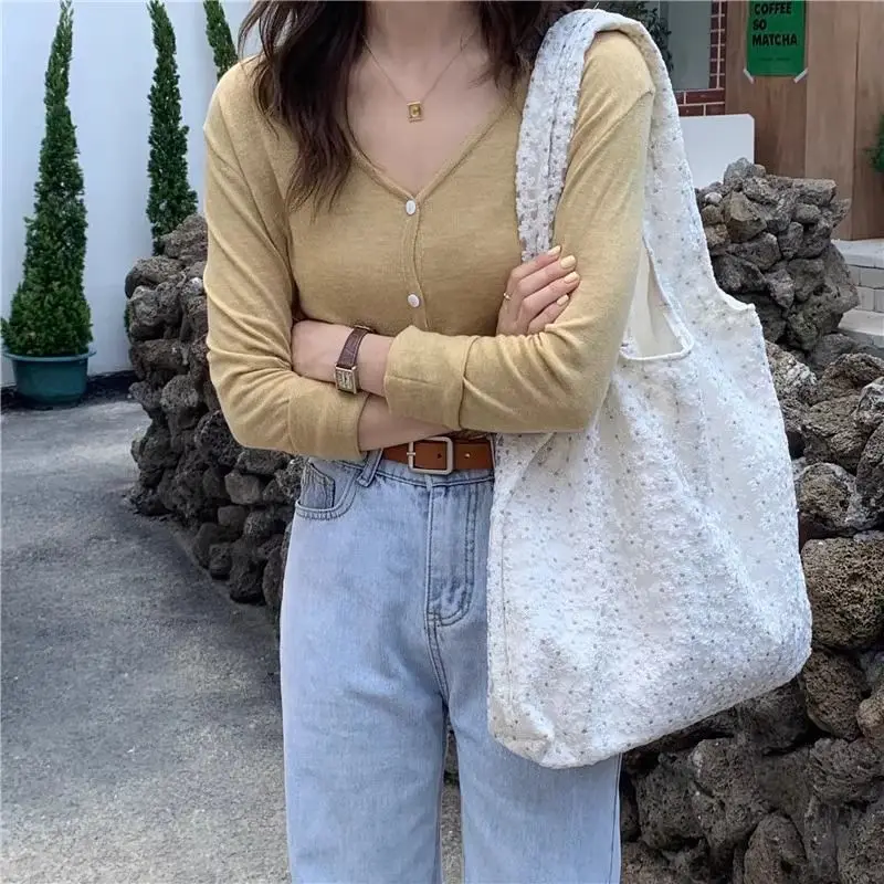 Women's Korean Style Mesh Flower Shoulder Bag with Large Capacity Underarm Bag Student Sweet New Light and Thin Canvas Open Bag