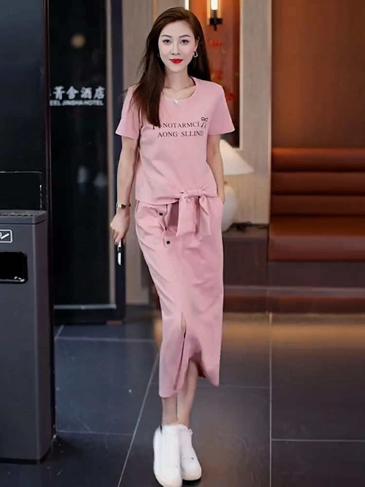 Faionable Sportswear Set Women's ort Sve Split  Skirt Two Piece Suite Casual Comfortable Breathable Cotton round Ne