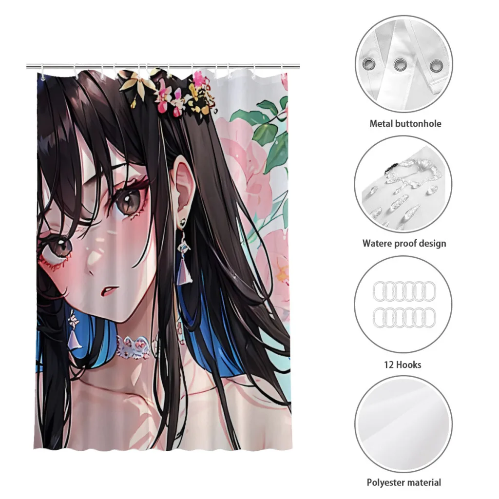 Cute Black-Haired Anime Girl Bathroom Shower Curtains Anime Girl Waterproof Partition Curtain Designed Home Decor Accessories