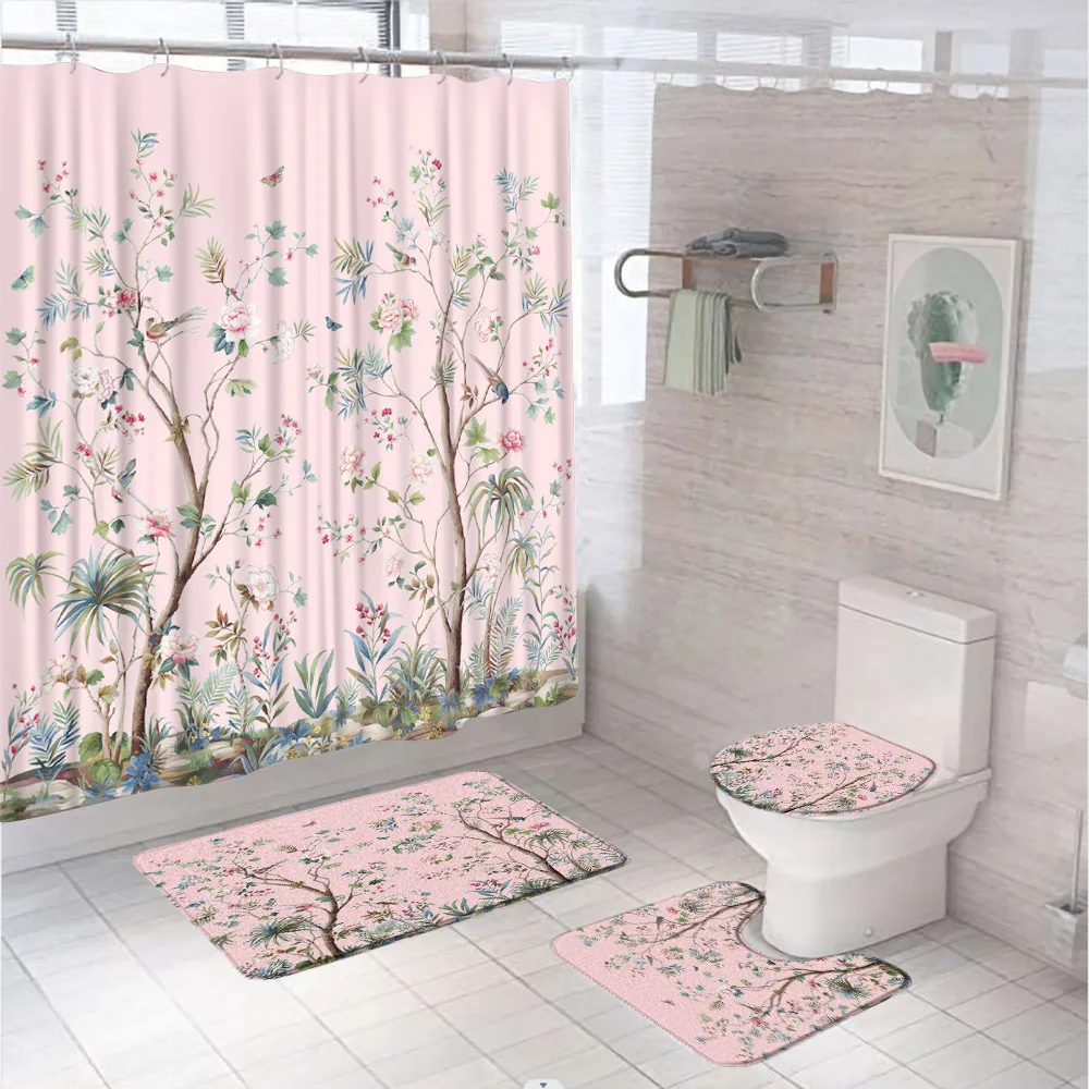 

Flowers Bird Tree Butterfly Shower Curtain Set Retro Spring Floral Asian Oriental Chinese Art Creative Cloth Bathroom Decor Home