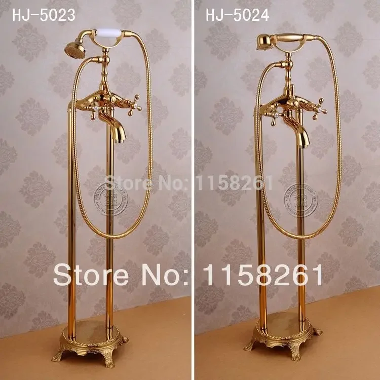 Bathtub Faucets Gold Brass Bathroom Shower Faucet Rain Hand Shower Floor Stand Telephone Luxury Bath Tub Mixer Tap Set