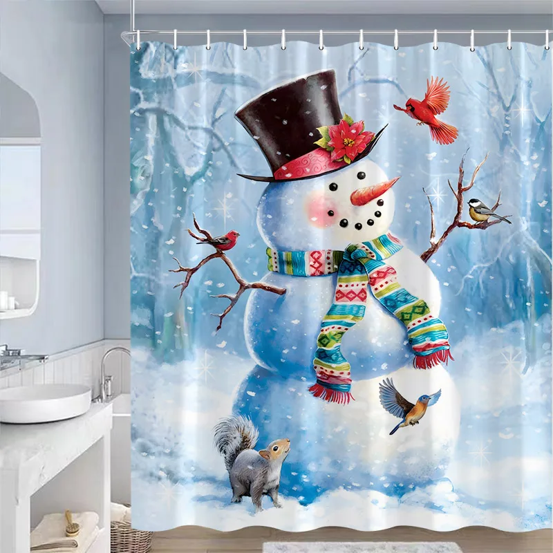 Cute Blue Snowman Christmas Shower Curtains Xmas Gift Winter Forest Cedar Nature Scenery Home Bathroom Decor Bath Curtain Set