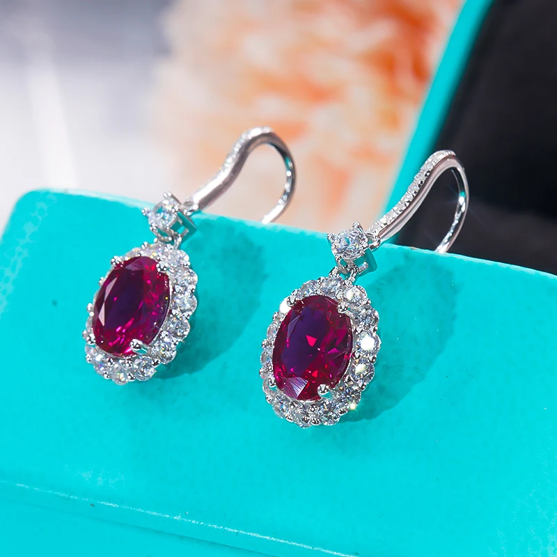 

QINHUAN 2 Carat Lab Ruby Drop Earrings For Women S925 Sterling Silver Oval Gemstone Luxury Jewelry Hoop Earrings Party Vintage