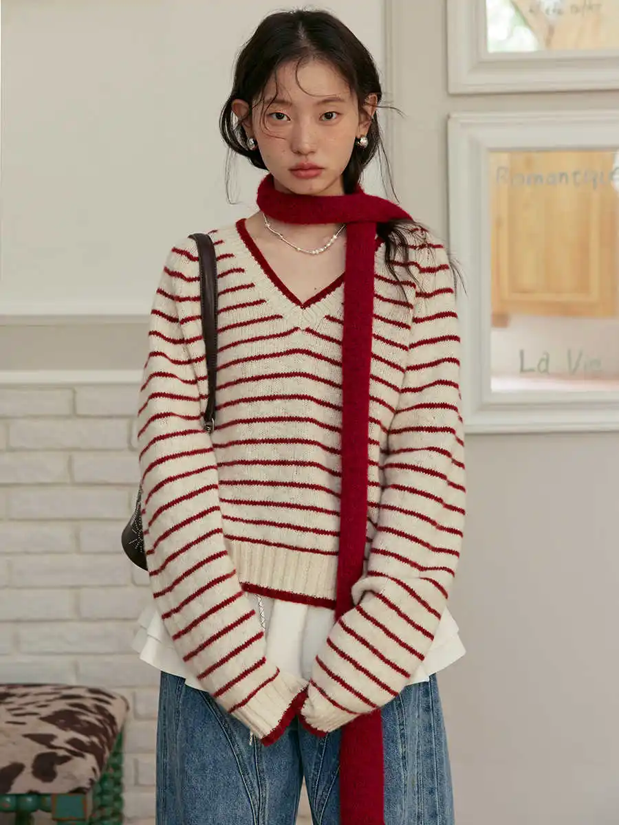

Элегантный шикарный уютный зимний свитер из чистой шерсти в полоску с v-образным вырезом, женский свободный вязаный топ, мягкий теплый весенний сезонный пуловер