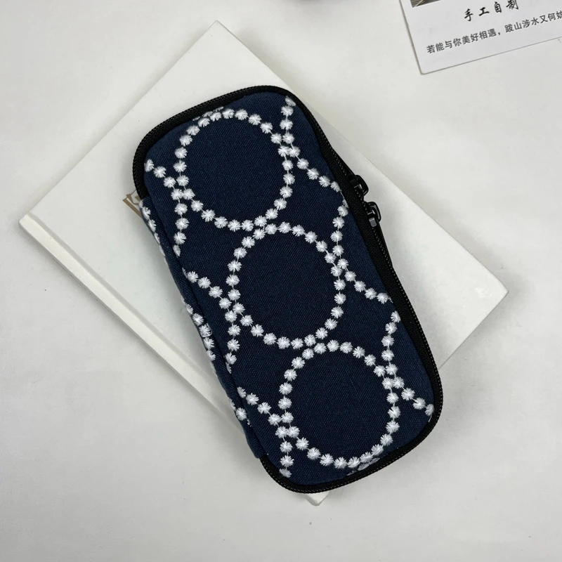 

Fabric Handwork Embroidery Tambourine Pen Case Multi-Pen Storage Bag Zipped Portable Pen Bag Navy Blue