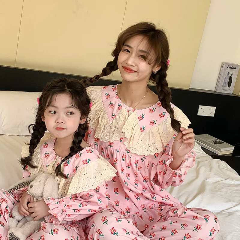 Mother Daughter Matching Cotton Pyjama Ladies Pajamas Set For Girls Pink Home Clothes Mommy And Me Sleepwear Clothes Tops Pants