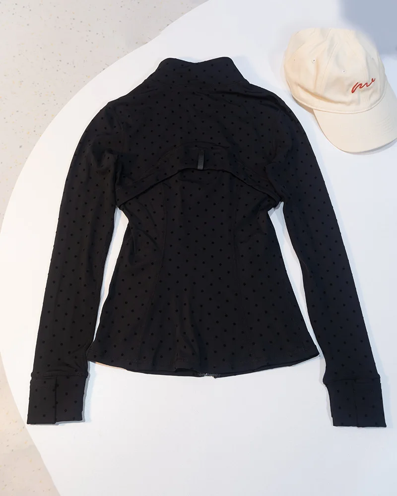 New Sweet Black Polka Dot Stand Collar Jacket Slim Fit Long Sleeve Sports Coat Versatile Fitness Yoga Top