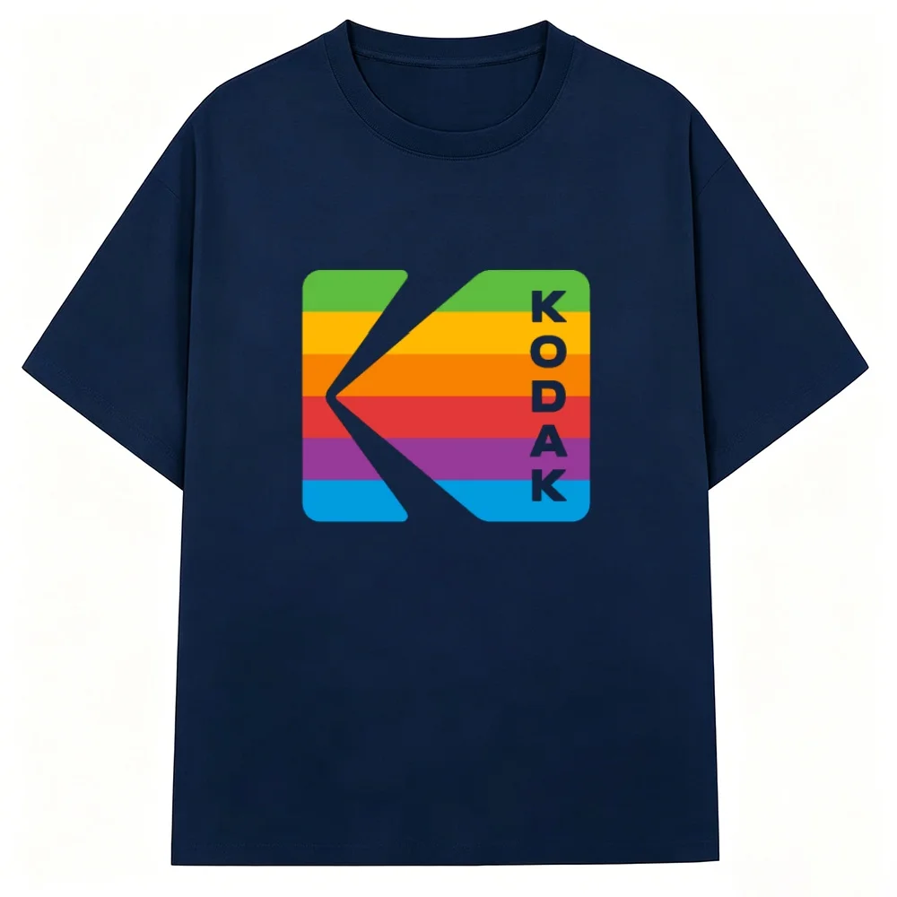 Camiseta Kodak con logo de letra K vertical y rayas arcoíris, camiseta gráfica retro de marca, cuello redondo de algodón azul marino para hombre y mujer, ropa urbana