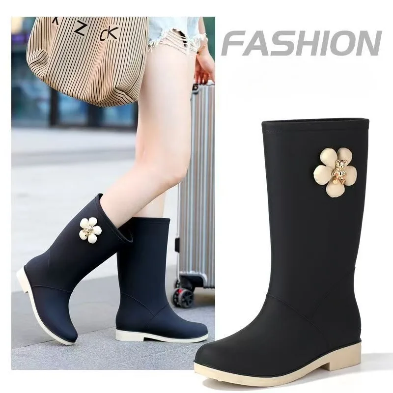 منتصف العجل احذية المطر المرأة موضة زين كعب منخفض Wellies البلاستيكية الجرموق مقاوم للماء عدم الانزلاق Gumboots التخييم أحذية من المطاط #2