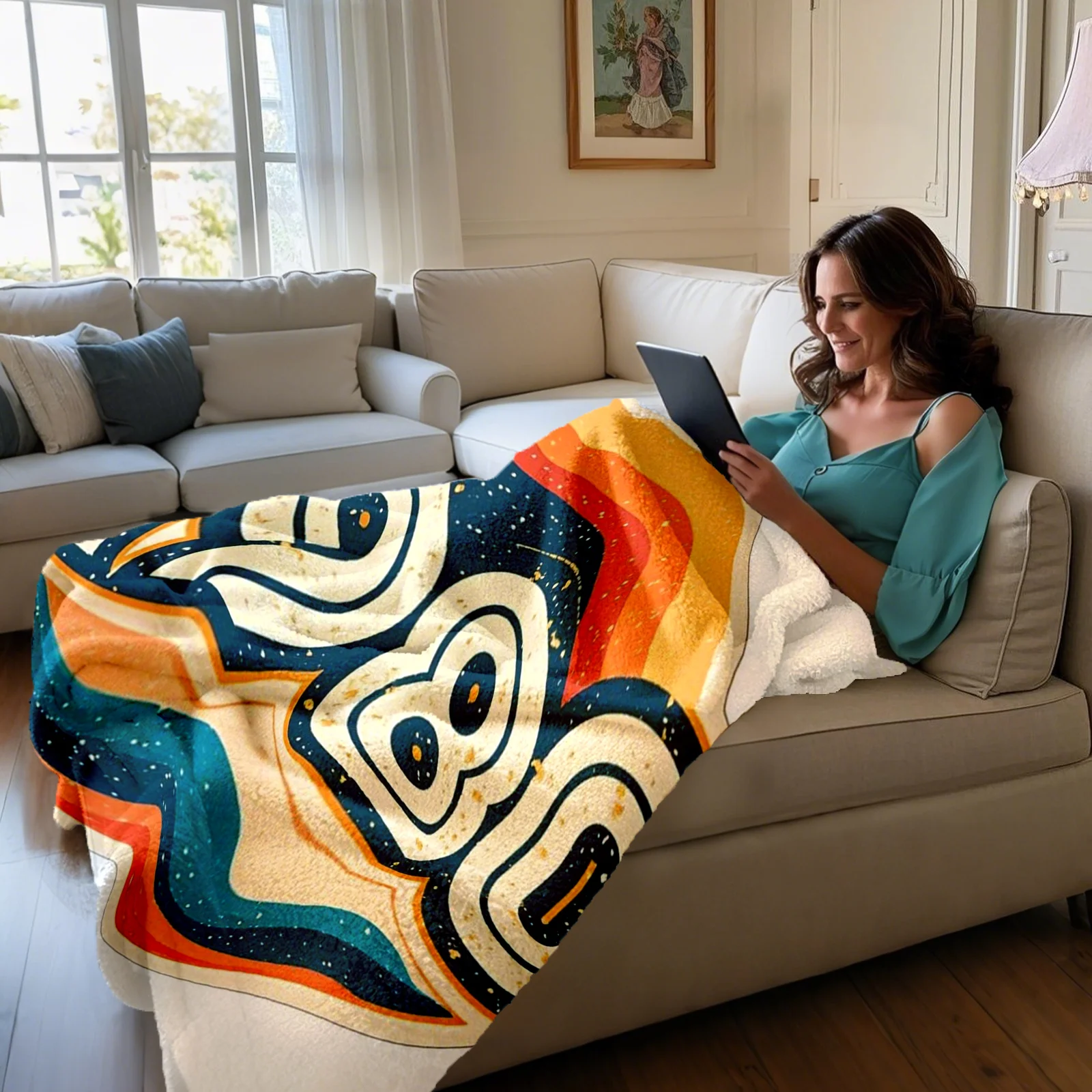 Vibrant 1980 Year Inspired Orange Yellow Blue Design Blanket For Creative And Retro Themed Room Or Living Space Accent