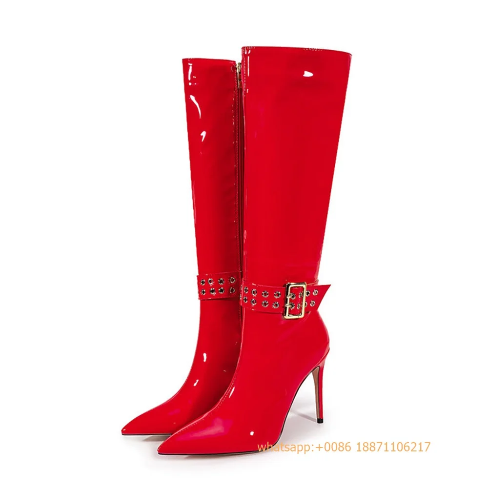 

Patent Leather Sexy Belt Buckle Boots 2024 Autumn Pointed Party Catwalk Stiletto Mid-Calf Boot Solid Color Fashion Women Boots