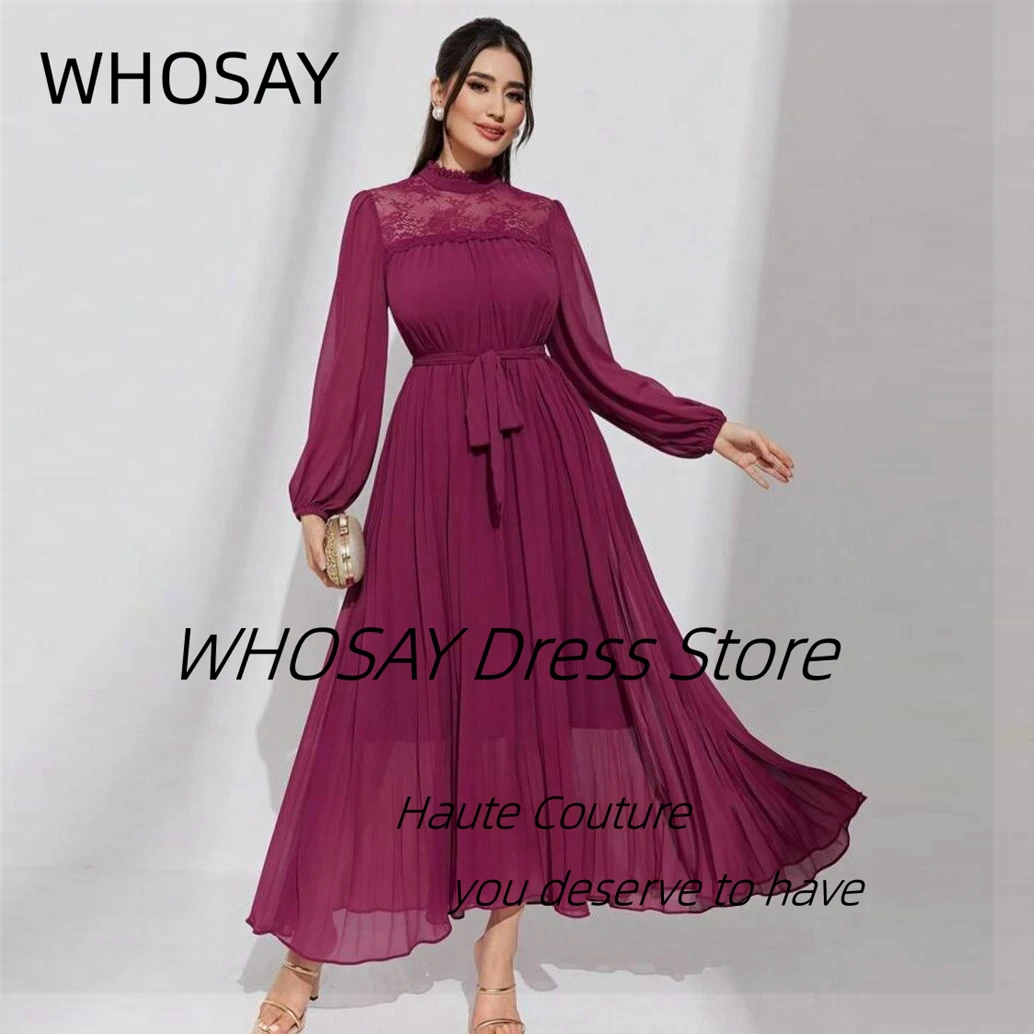 

WHOSAY Ankle Length Chiffon Prom Dresses Sash Long Sleeves Evening Party Gowns Lace High Collar Mother of the Bride Dress