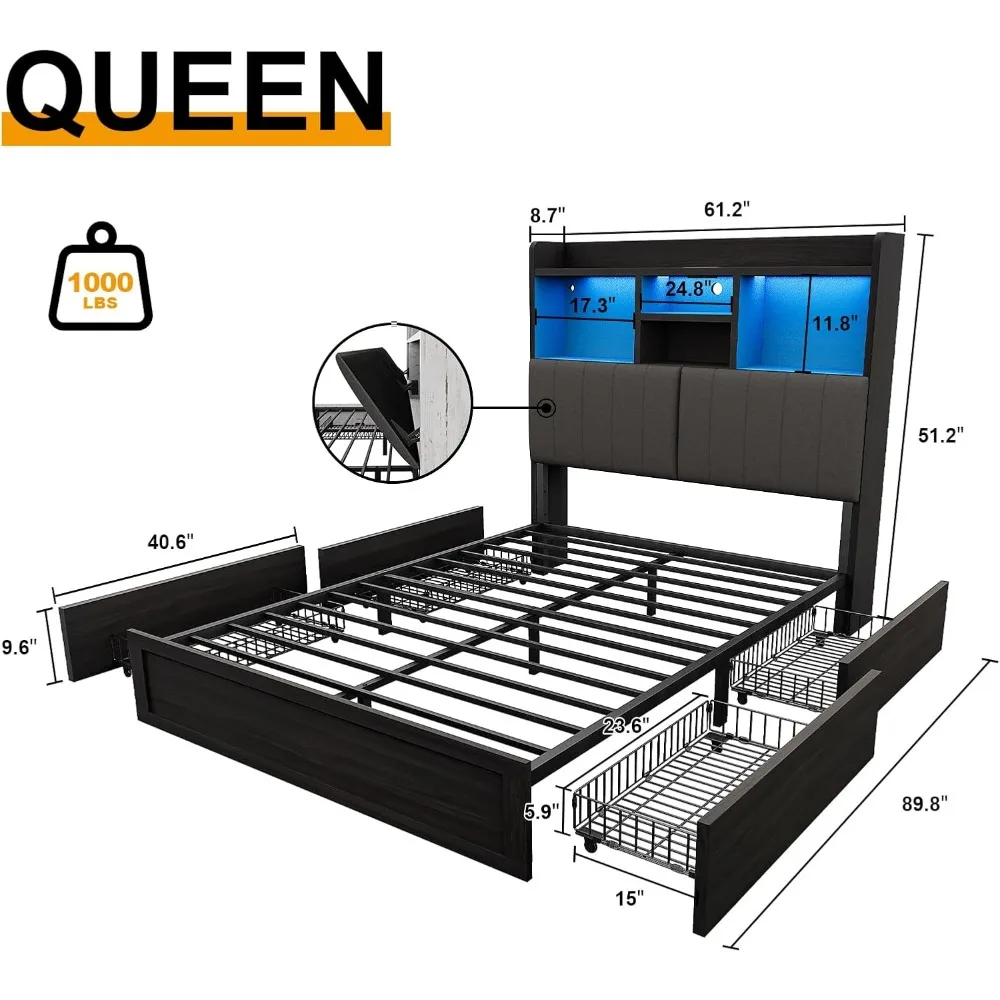 Queen Bed Frame with Bookcase Headboard & 4 Storage Drawers,  Charging Station，No Box Spring Needed，Noise-Free，LED Bed Frame