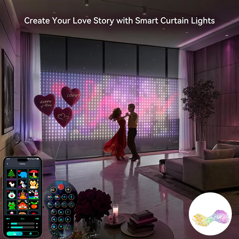Lampu Tirai LED Pintar 400LED, Kontrol Jarak Jauh via Aplikasi, Lampu Garland Jendela LED, Pola DIY, Tahan Air untuk Luar Ruangan, Pencahayaan Pesta