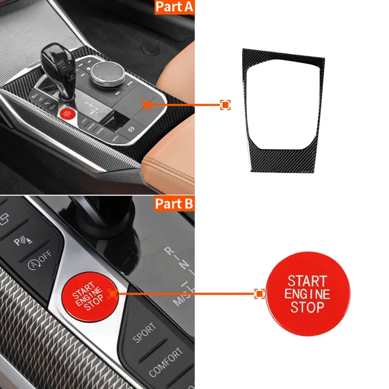 

Car Center Console Gear Shift Decoration Panel Cover+Engine Start Stop Switch Button Cap For BMW 3 Series G20 G21 G28 2019 2020