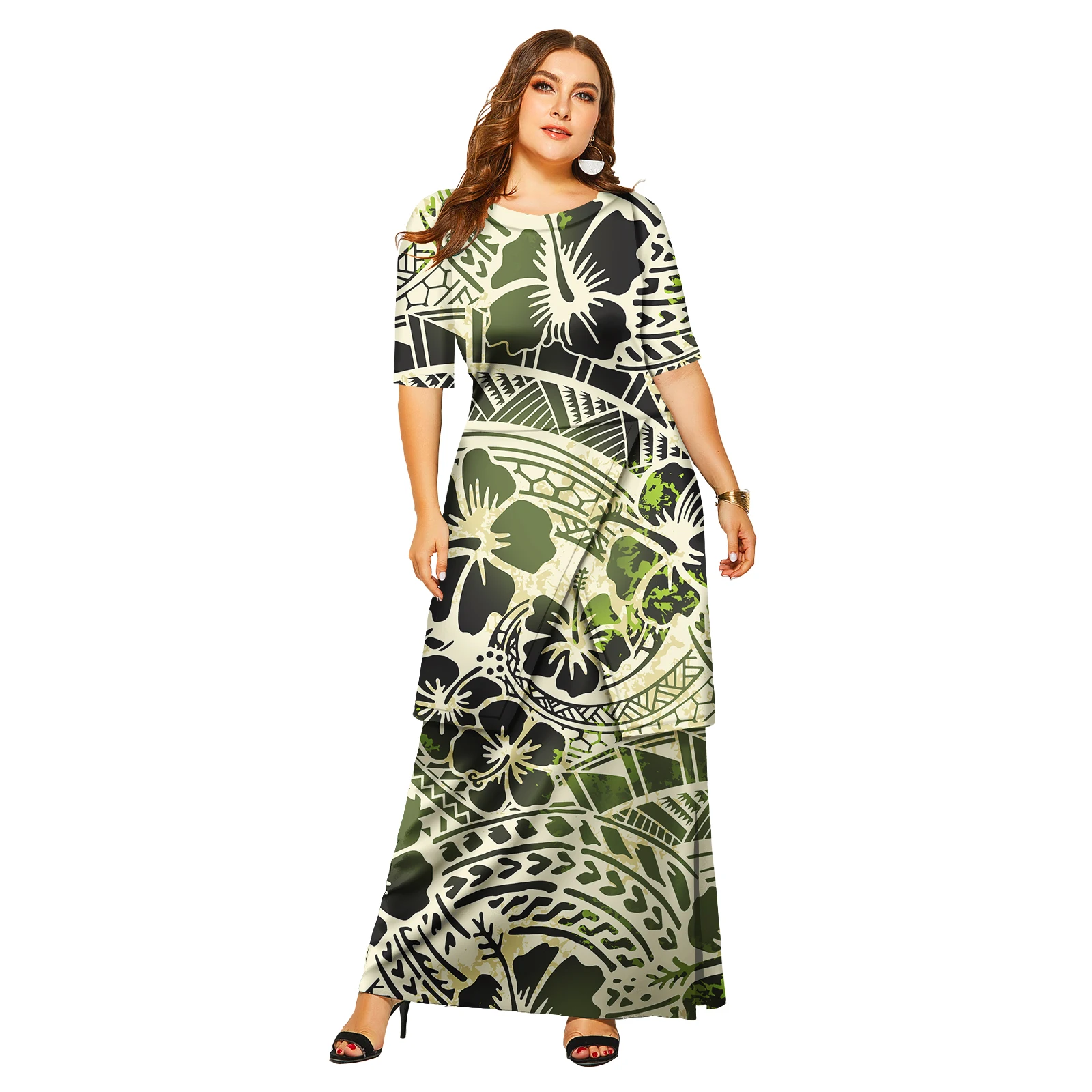 

Hot Sale Holiday Clothes Custom Aloha Women Wear Long Dress Polynesian Tribal Oversize Skirts Samoan Casual Puletasi 2 Piece Set