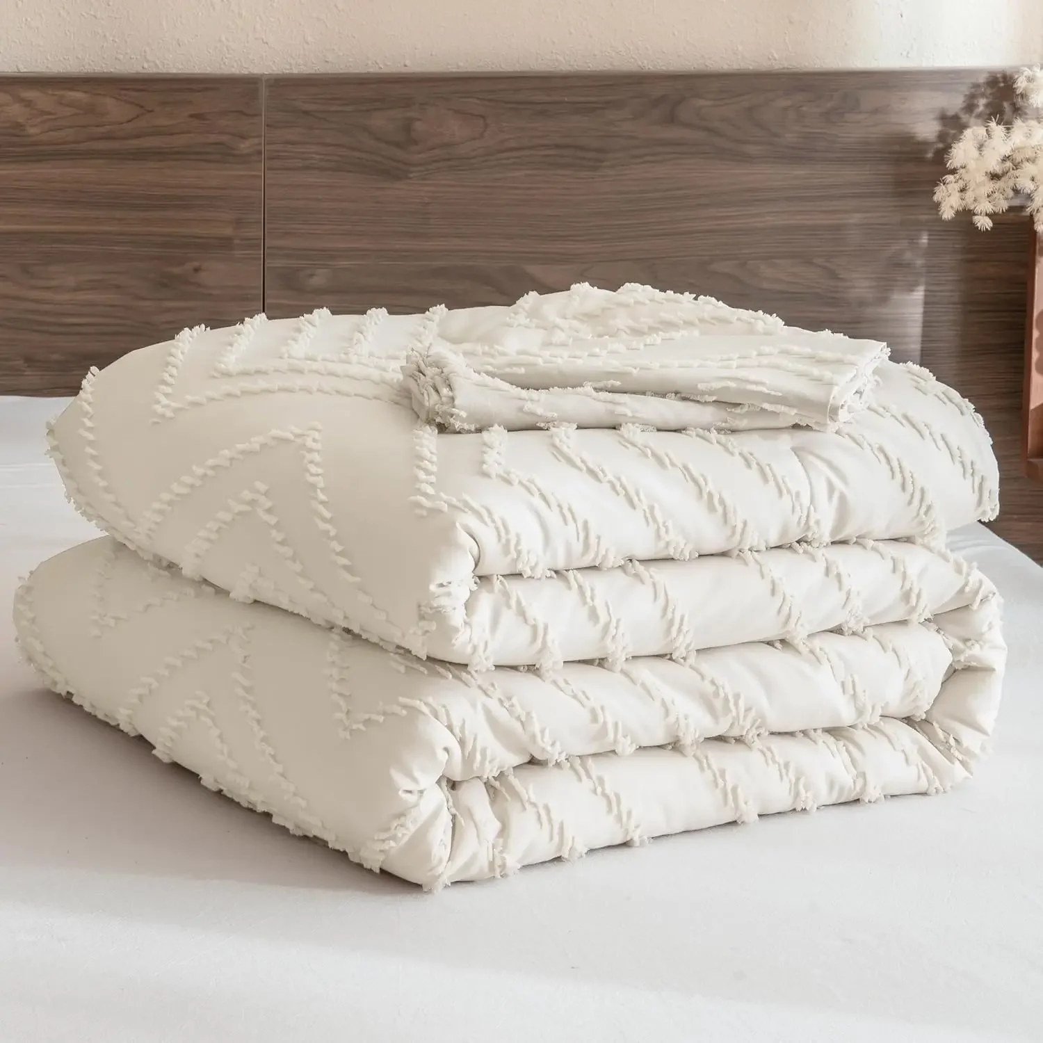 2/3PCS Queen Duvet Cover Set Beige Cream Floral Wave Chevron Textured Comforter Japanese Style Pillowcases All Season Home Decor - view 4