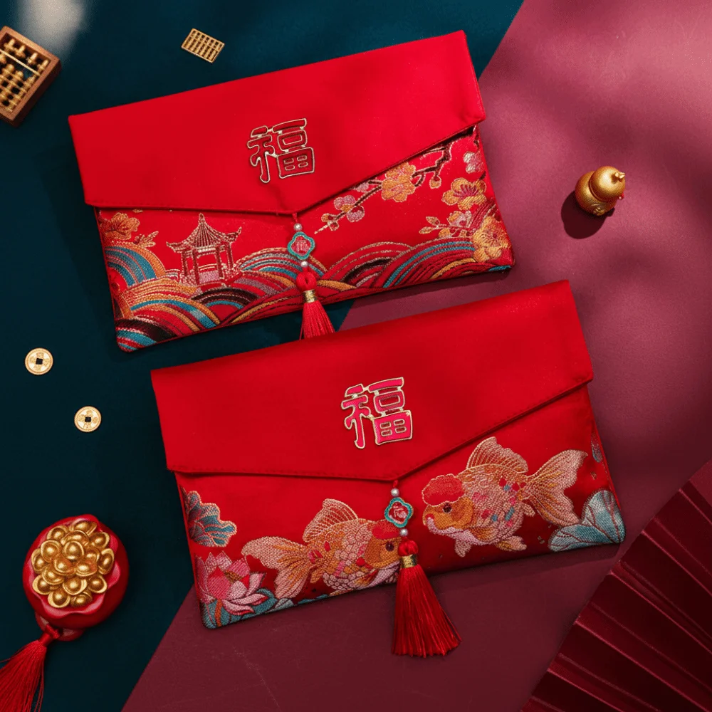 Red Color Lucky Money Pouches Embroider With Tassel New Year Red Envelopes Lucky Pattern High-Quality Material Money Pocket