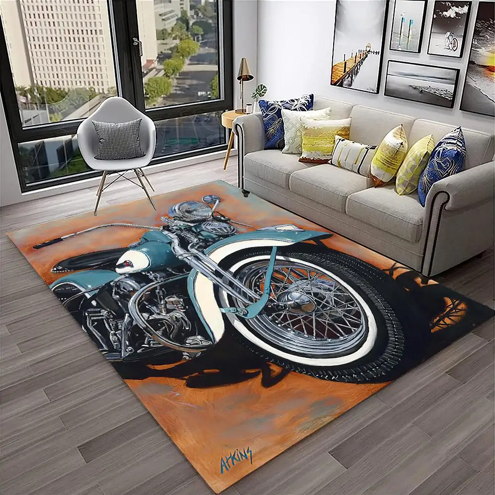 3D Retro Vintage Motorcycle and Classic Automobile Art Pattern Non-Slip Area Rug Living Room Decor