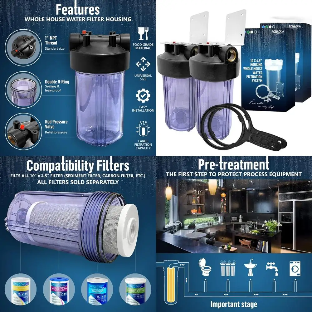 

10 x 4.5 Whole House Water Filter System with Pressure Relief, 1 NPT Brass Port, Double O-Ring, NSF Certified (Transparent, 2 Se
