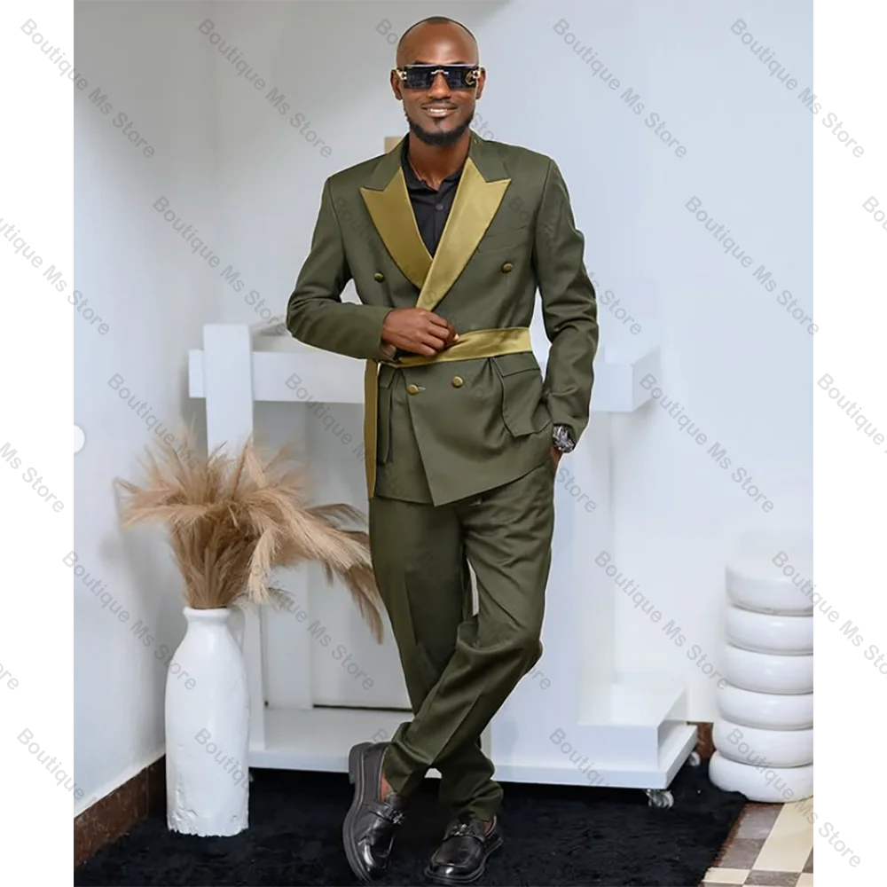 Fashion Green Double Breasted Men Suit Two Pieces(Jacket+Pants) Lapel Outfits Chic Casual Party Prom Wedding Set