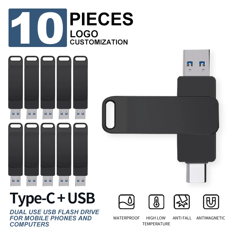 Zsuit 10 PÇS/LOTE 3.0 128GB USB C Flash Drive 64GB 32GB Pen Drive OTG USB Metal À Prova D 'Água Tipo-C Pendrive 16GB Memória Stick Flash