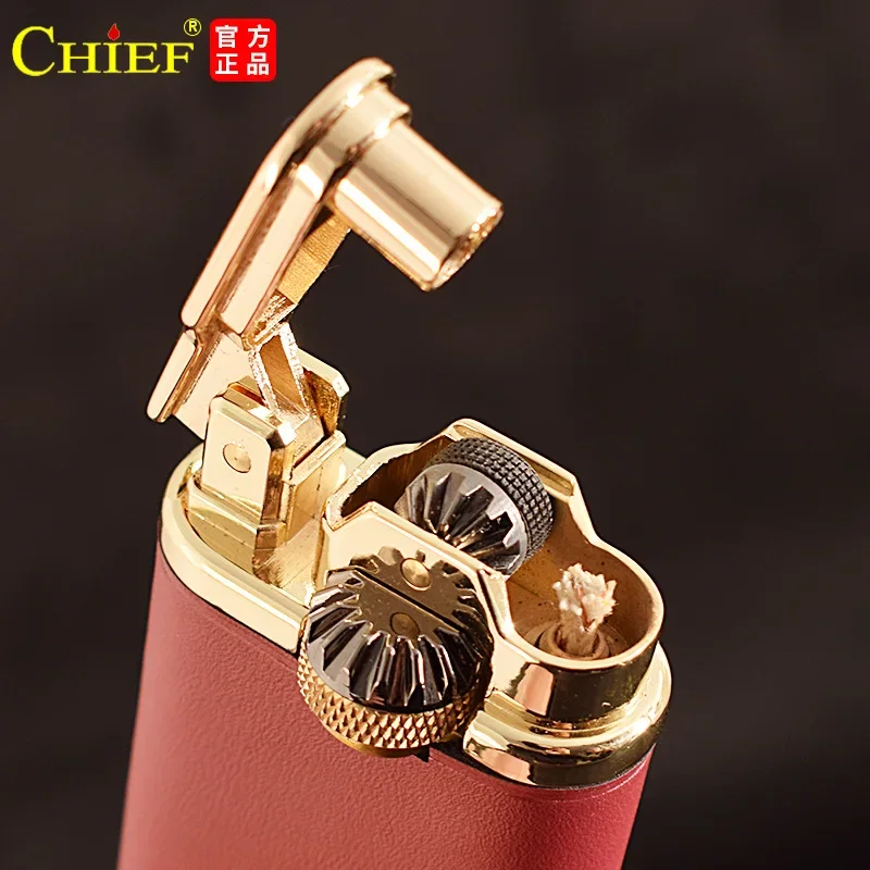 CHIEF Kerosene Lighter New Retro Leather Windproof Gear Linkage Ignition Creative Personality Gift Smoke Accesoires Gadgets Male