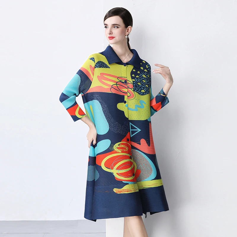 Miyake plissado lapela vestido 2025 verão novo tamanho grande abotoado cardigan vestido plissado xadrez emenda magia vestido longo