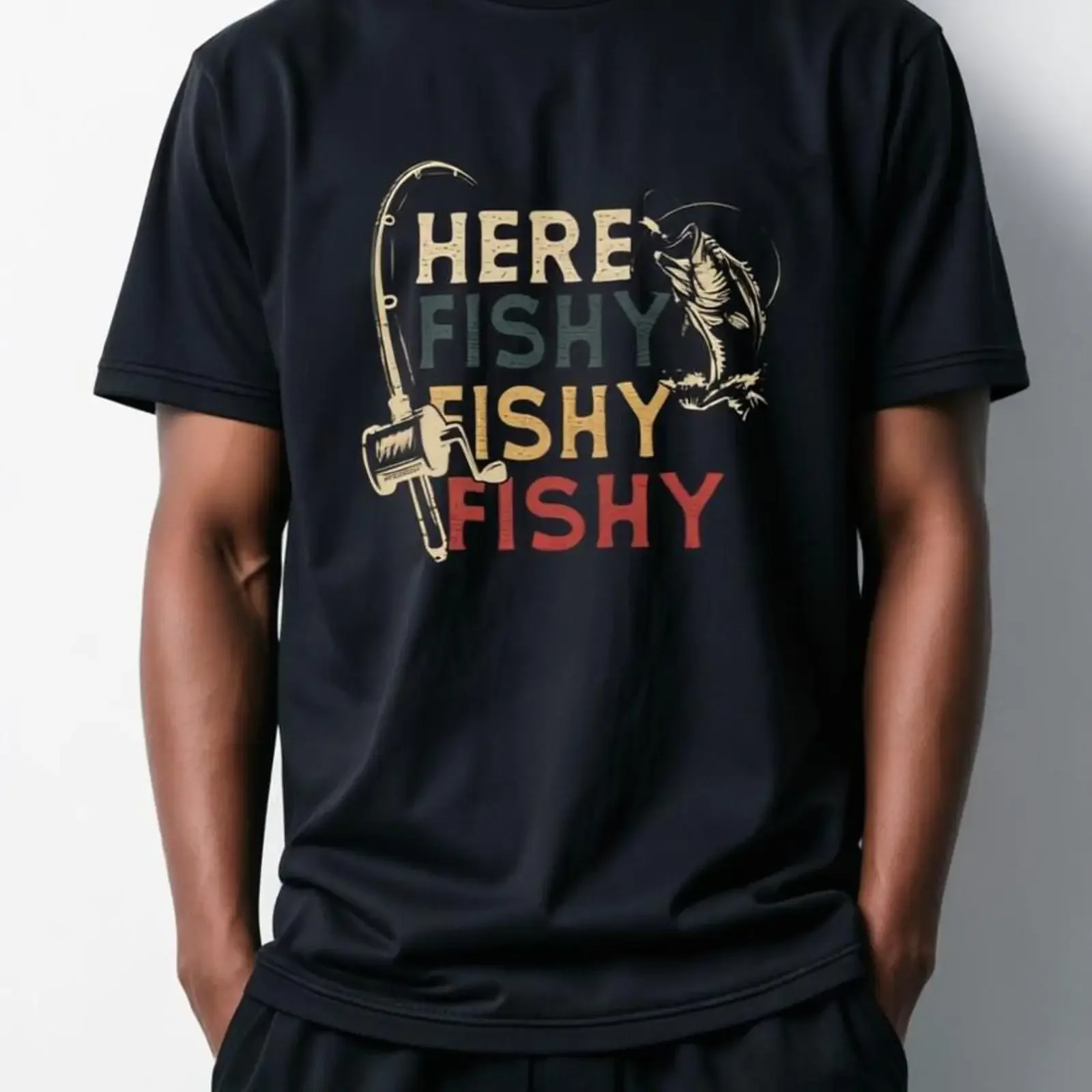 Men's Here Fishy Funny Fishing T Shirt Retro Fisherman Bass Rod Vintage Casual  Top vintage Washed Top For Everyday Wear