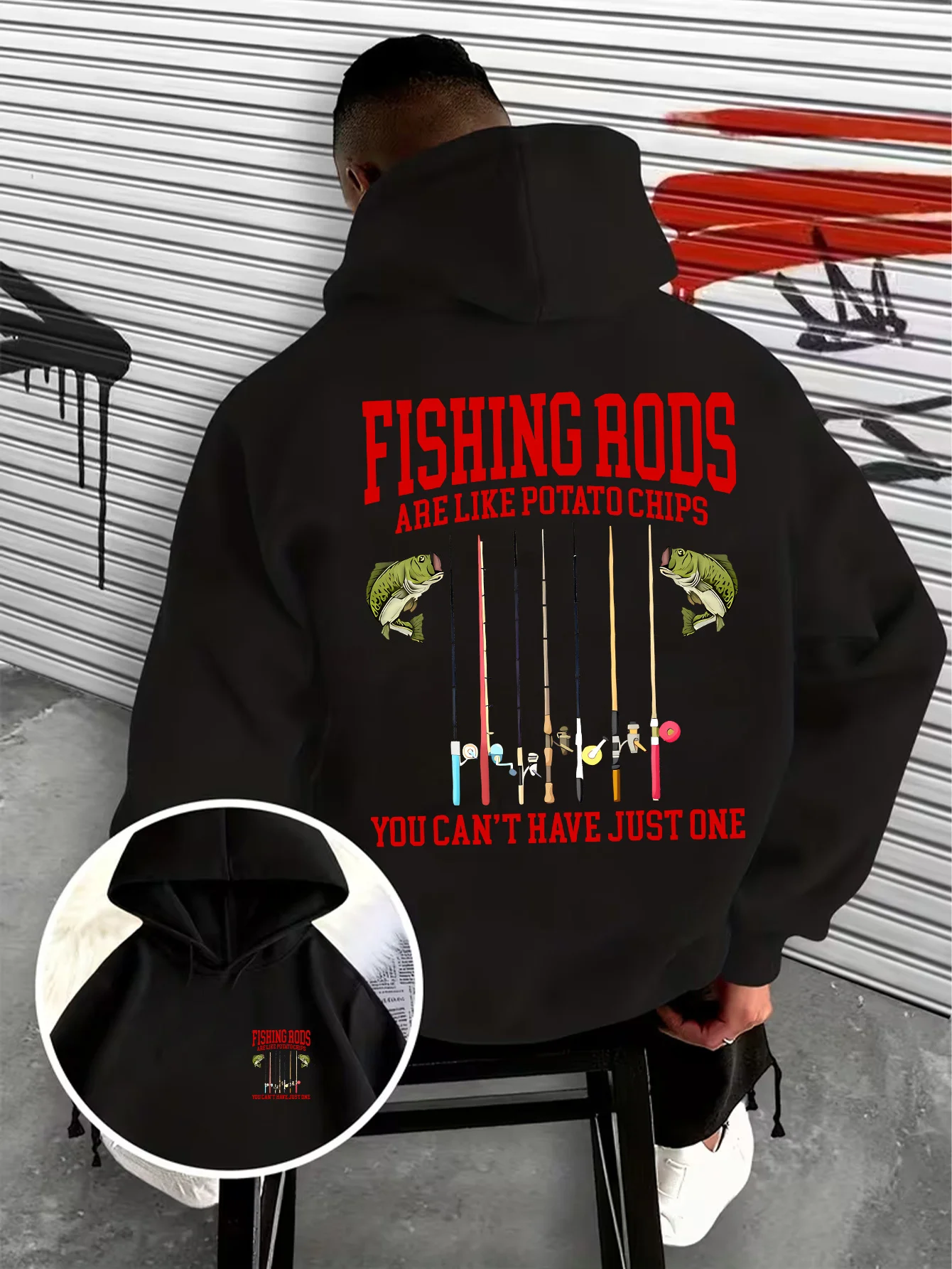 Humorvolles Zitat eines Fischers – Herren-Kapuzenpullover mit Aufdruck von Barschen und mehreren Angelruten, lässiger Outdoor-Streetwear-Hoodie – Detail 5