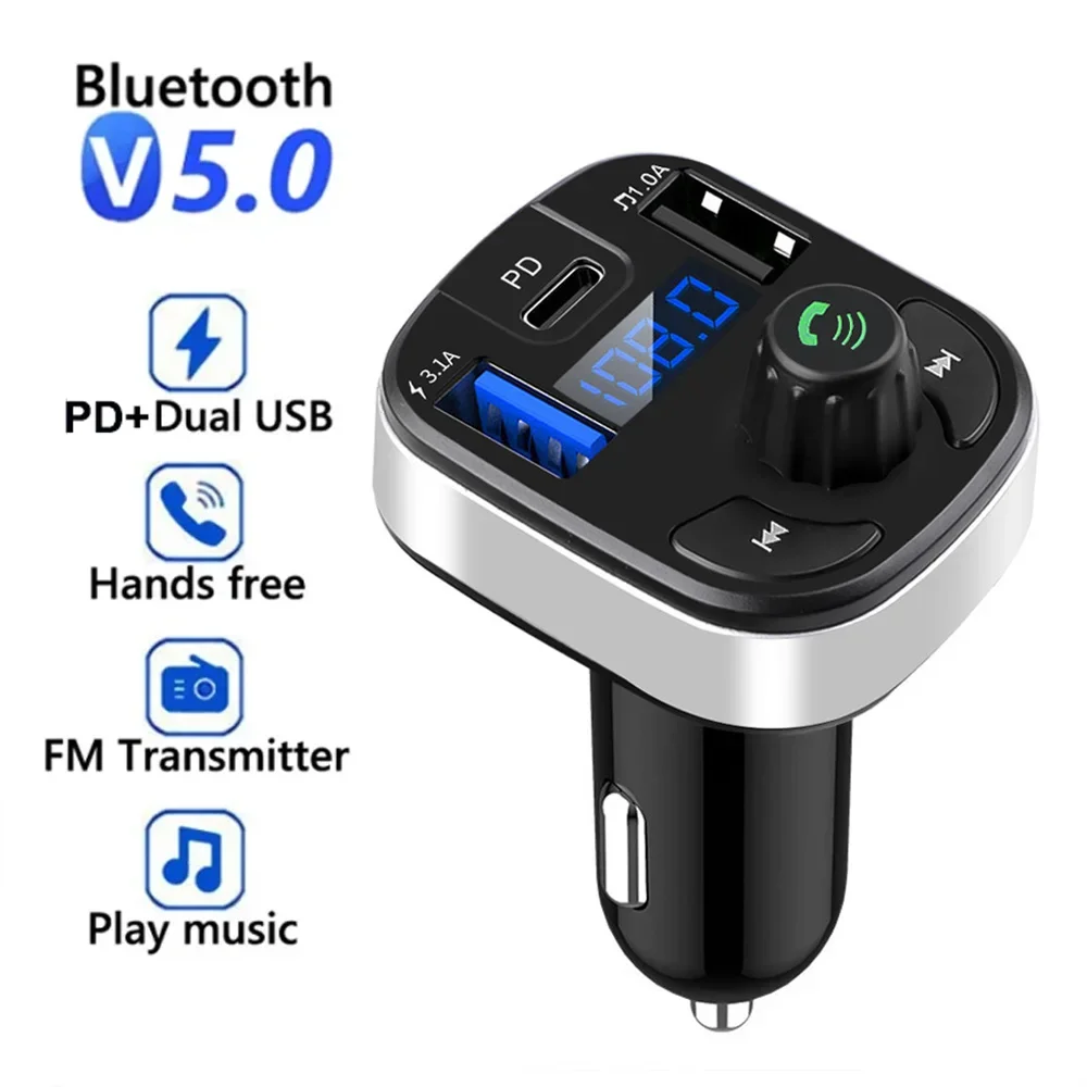 Car Bluetooth 5.0 FM Transmitter Dual USB PD Type C Fast Charge Car Charger Bluetooth Microphone Handsfree Car FM Modulator