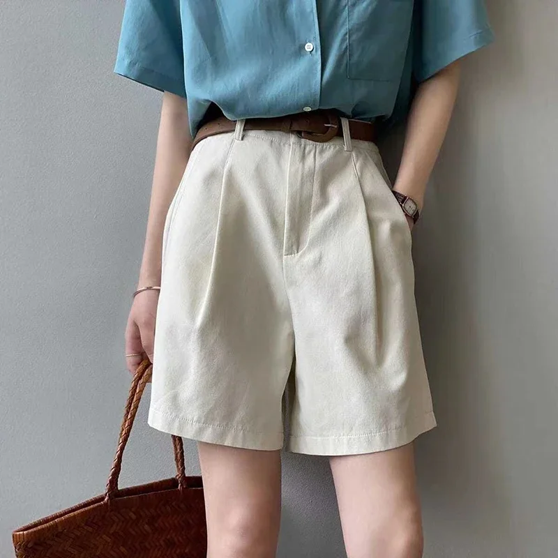 Belt Pure Cotton Shorts Women High Waist Wide Leg A Line Suit Shorts Office Lady Korean Solid Loose Casual All Match Short Pants